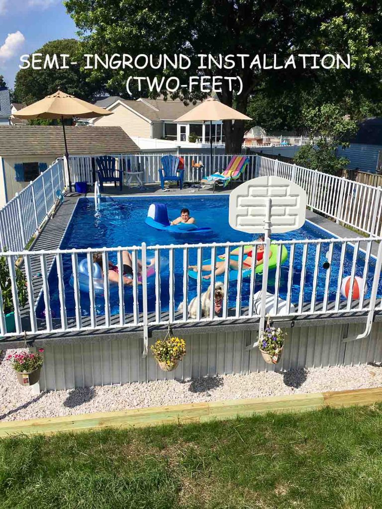 Above ground pools with a deck and fence
